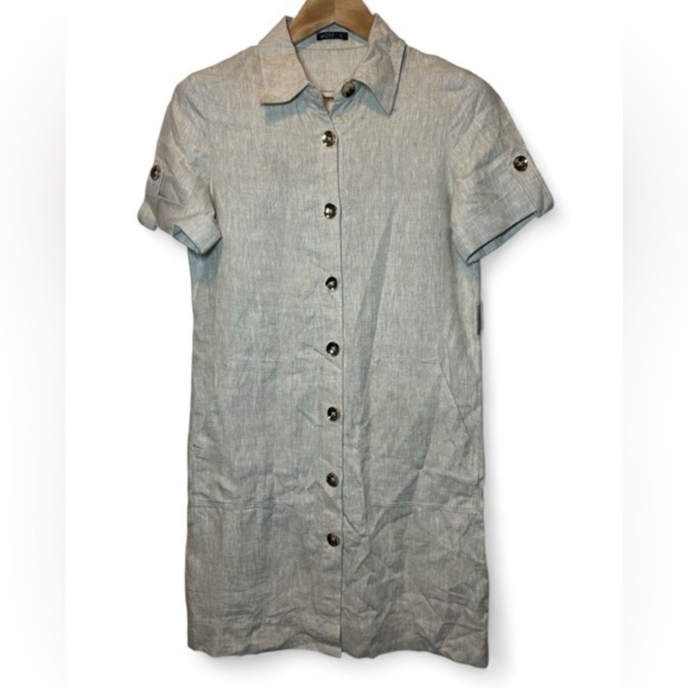 MOTF 100% Linen Khaki Metal Button Shirt Camp Safari Tab Sleeve Dress‎ Women S